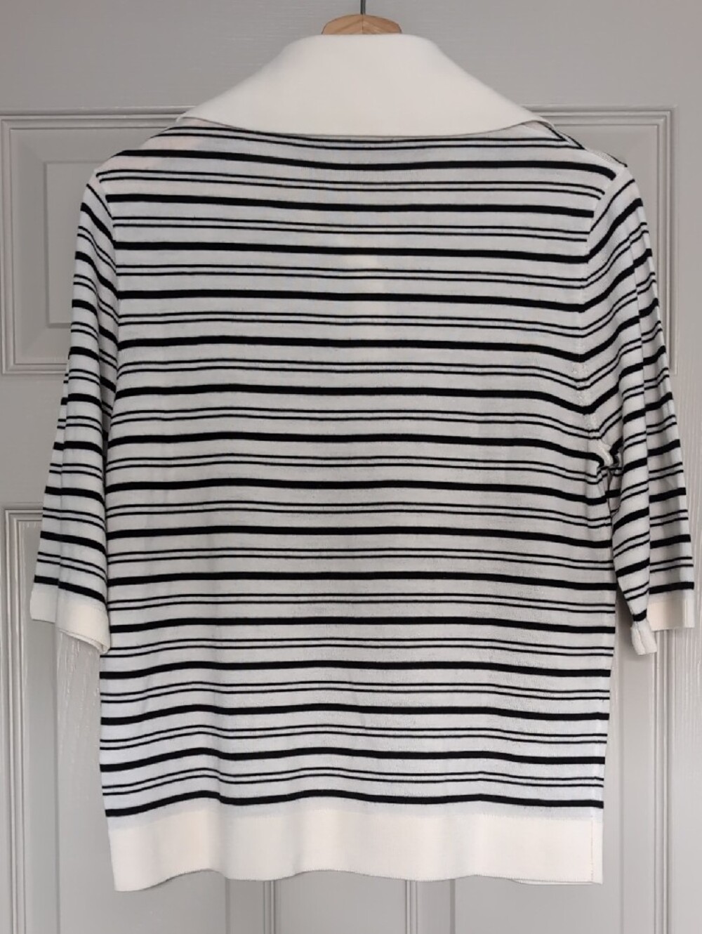 Selected Striped Polo Knit Top in White and Black - Picture 4 of 8